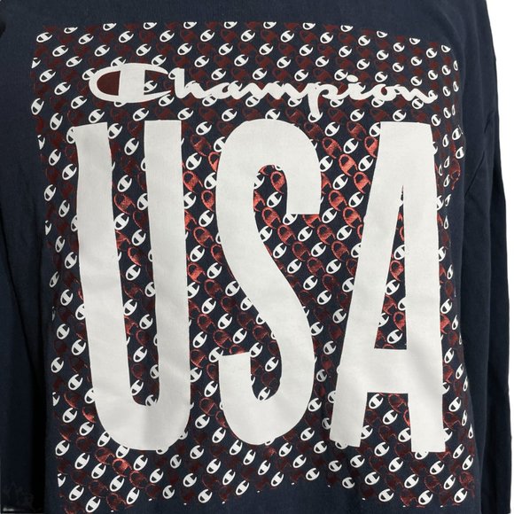 Champion USA Sweatshirt XL Spellout Metallic Logo 100% Cotton Navy Patriotic - Picture 2 of 12
